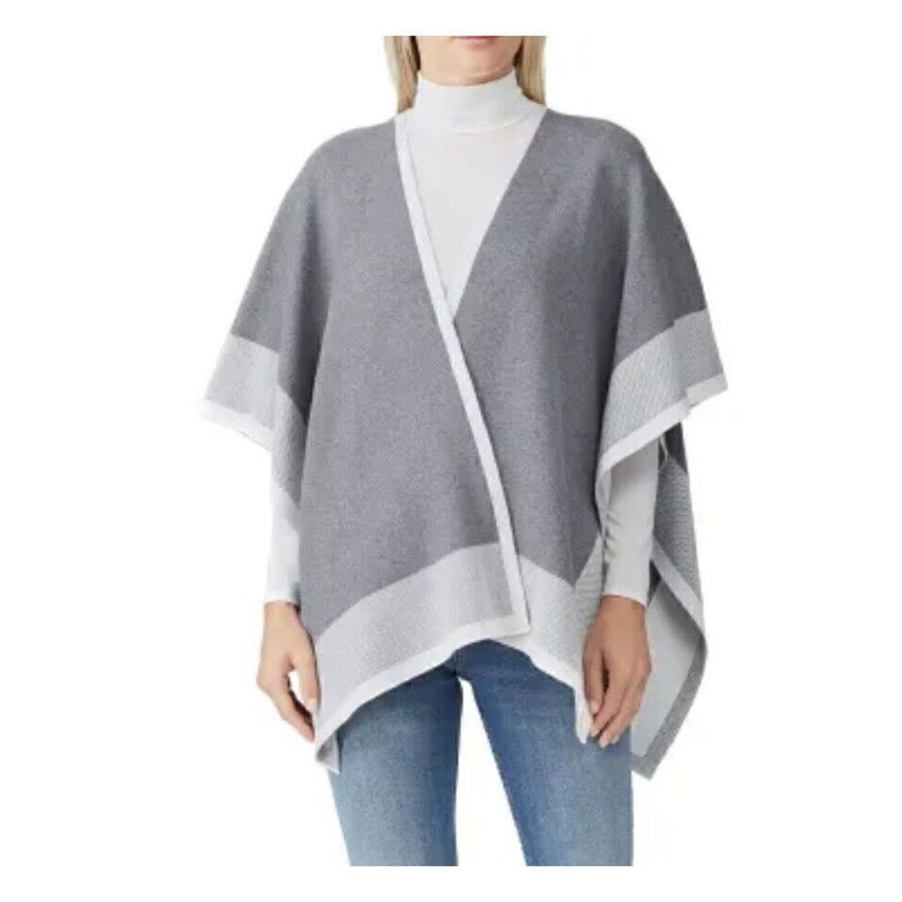 RACHEL ROY Sweater Wrap Womens Small S Gray Cape Cotton Blend Knit Poncho